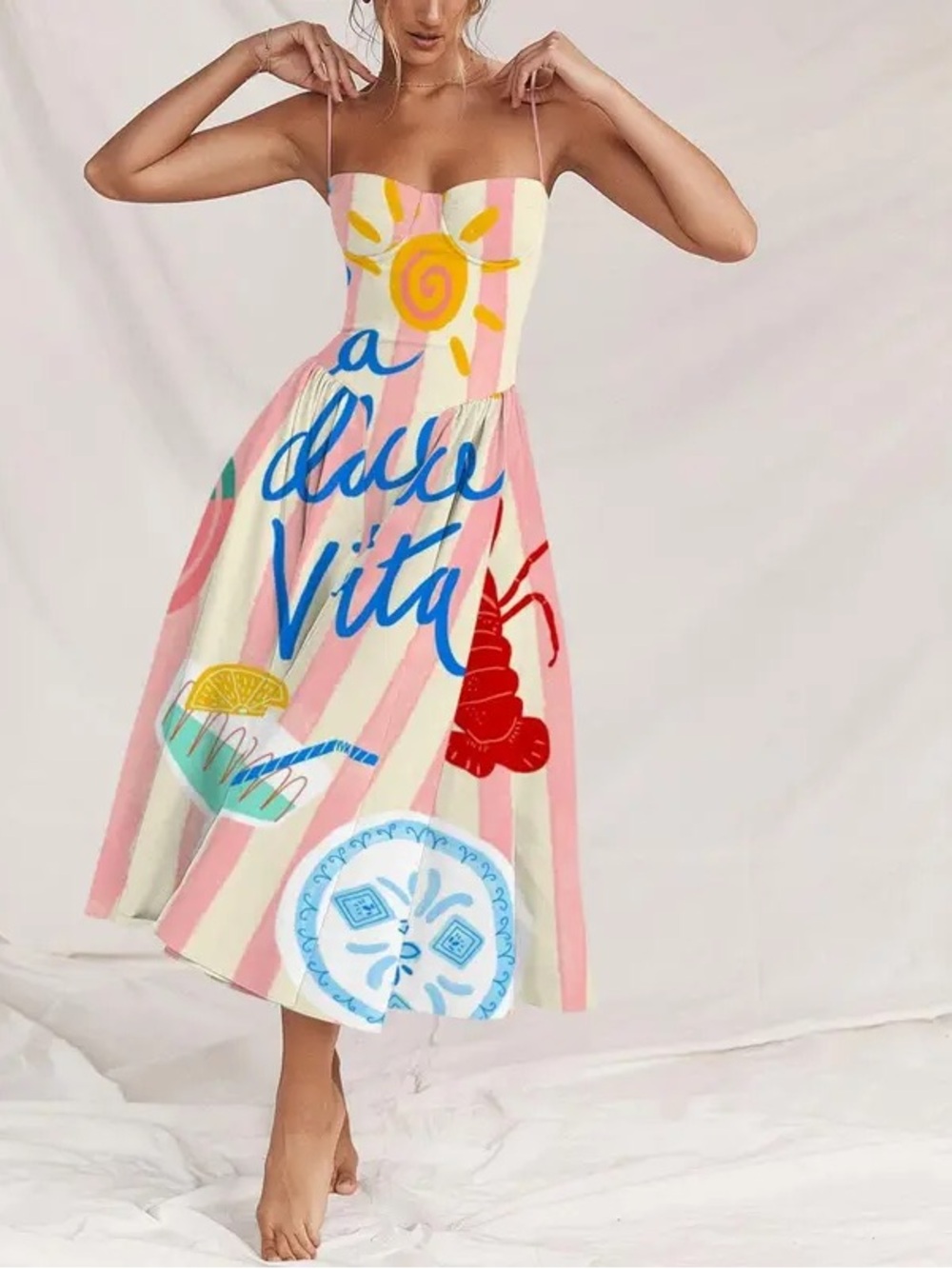 Spaghetti-Strap Pink & Cream Striped Midi Dress with Playful Graphic Print